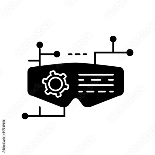 Cyberpunk virtual reality glasses glyph icon. Futuristic gadget. Exoskeleton and high tech technology