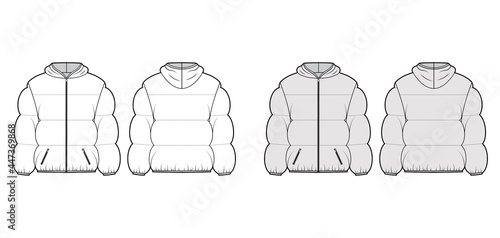 Hooded jacket Down puffer coat technical fashion illustration with long sleeves, pockets, boxy fit, hip length, wide quilting. Flat template front, back, white, grey color style. Women, men CAD mockup