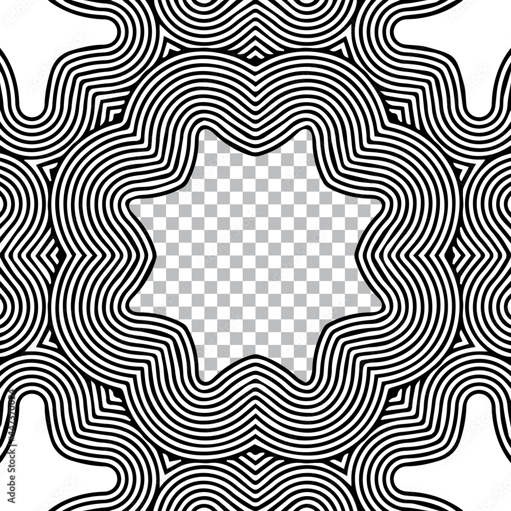 Ethnic abstract oriental, asian, indian pattern in the style of optical illusion. Geometric black white frame for text on an isolated background. Template for creativity, coloring, design.
