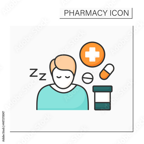 Side effects color icon. Secondary drugs adverse effect. Side reaction on pills. Drowsiness. Pharmacy concept. Isolated vector illustration