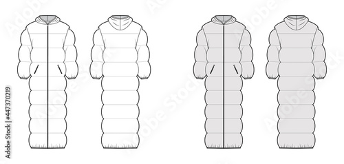 Hooded puffer quilted shell down coat jacket technical fashion illustration with long sleeves, zip-up closure, oversized. Flat template front, back, white, grey color style. Women, men, top CAD mockup
