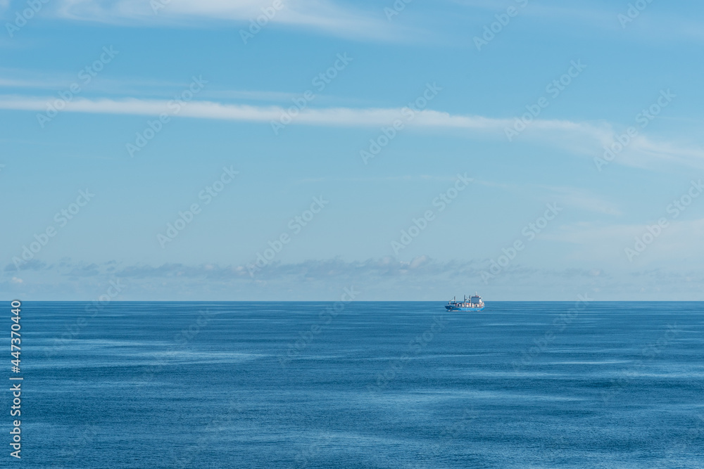 Pacific Ocean landscape, calm blue sea near American coast. 