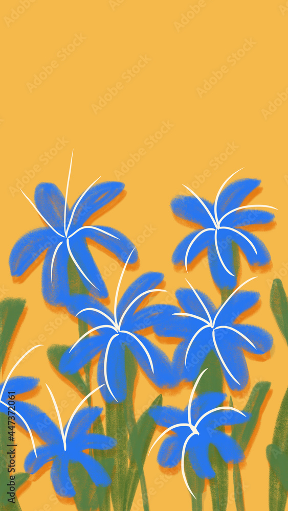tropical background with blue flower and leaf illustration suitable for wallpaper or backdrop 