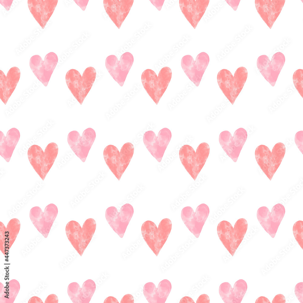 Pink watercolor textured hearts seamless pattern on white background. Romantic minimalistic vector backdrop for Valentines day, wedding invitation. Sweet texture, fabric, textille