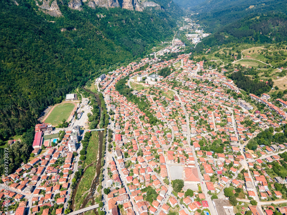Aerial view of town of Teteven at Balkan Mountains, Bulgaria