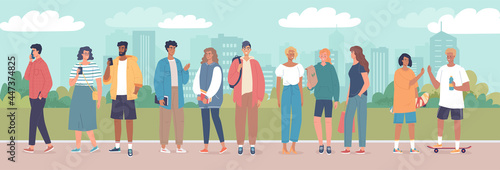 Young people walking in the modern city park