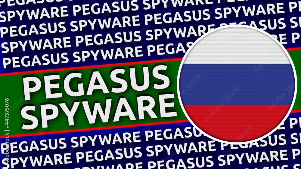 Russia Circular Flag with Pegasus Spyware Titles Illustration Russia Circular Flag with Pegasus Spyware Titles Illustration