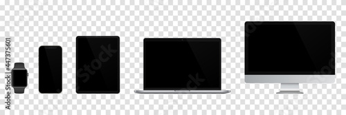 Realistic set of Monitor, laptop, tablet, smartphone, smartwatch. Vector illustration