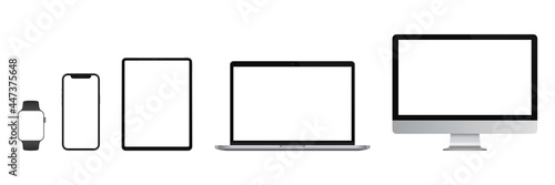 Realistic set of Monitor, laptop, tablet, smartphone, smartwatch. Vector illustration
