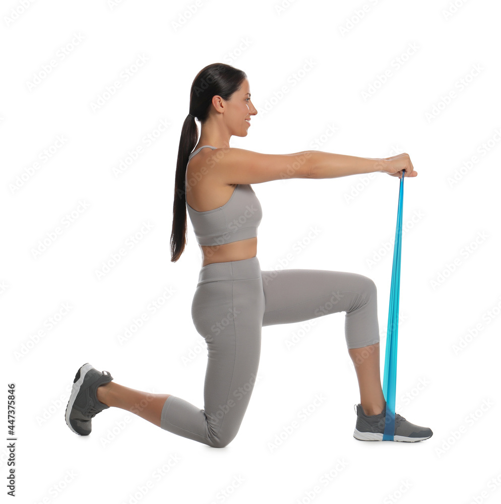 Woman doing sportive exercise with fitness elastic band on white background Woman doing sportive exercise with fitness elastic band on white background
