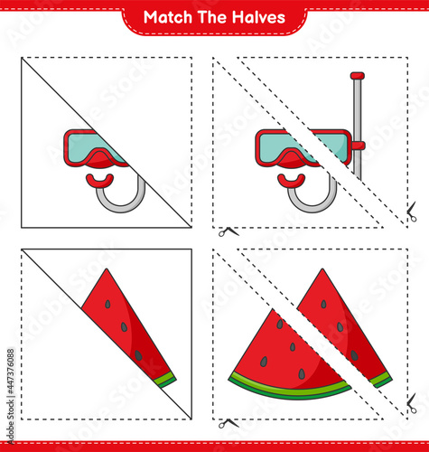 Match the halves. Match halves of Watermelon and Scuba Diving Mask. Educational children game, printable worksheet, vector illustration