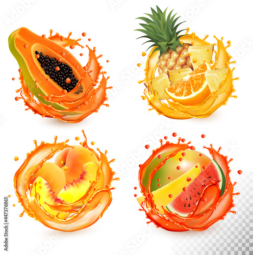 Set of fruit juice splash. Papaya, pineapple, orange, watermelon, peach, mango. Vector