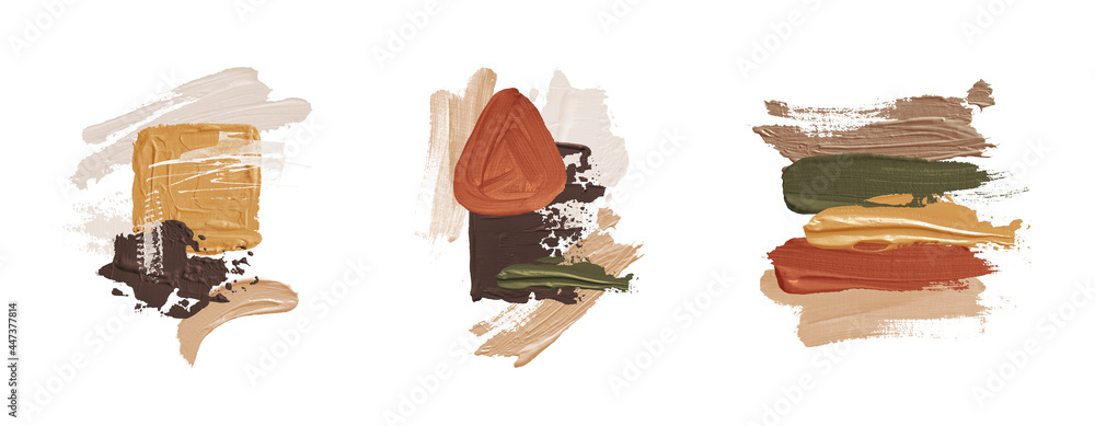 Oil texture. Acrylic paint. Textured arrangements. Terracotta orange green  khaki olive yellow blush brown gold illustration elements. Background.  Abstract modern print set. Wall art. Business card. Stock Illustration