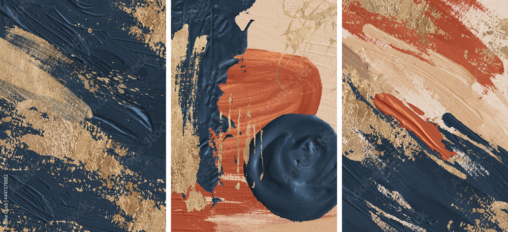 Oil texture. Acrylic paint. Textured arrangements. Terracotta orange brown  blush navy white blue gold illustration elements. Background. Abstract  modern print set. Wall art. Poster. Business card. Stock Illustration