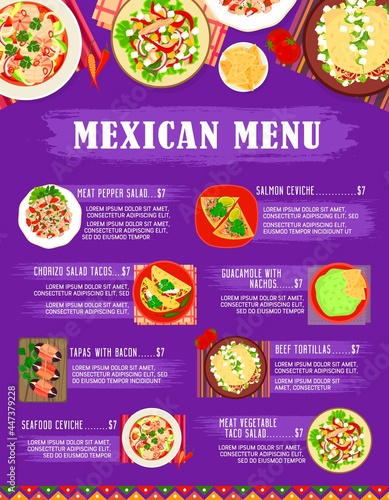 Mexican food restaurant meals menu page. Meat pepper, vegetable, chorizo and taco salads, tapas with bacon wrapped dates, seafood and salmon ceviches, guacamole with nachos, beef tortillas vector
