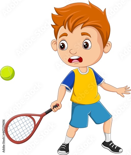 Cartoon little boy playing tennis