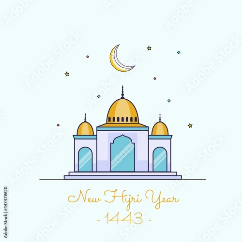 Vector illustration of happy new Hijri year 1443 with single line style. Happy Islamic New Year. Graphic design for the decoration of gift certificates, banners and flyer.