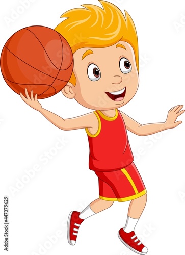 Cartoon little boy playing basketball