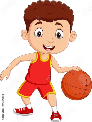 Cartoon little boy playing basketball