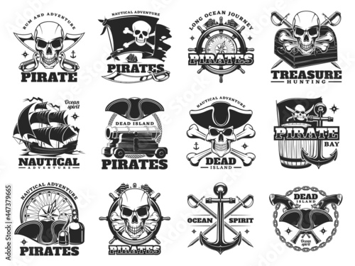 Pirate and treasure hunting icons of skull island and sea ships, vector. Pirate treasures adventure signs of Merry Roger flag with skull crossbones, treasures chest and ship helm with nautical compass