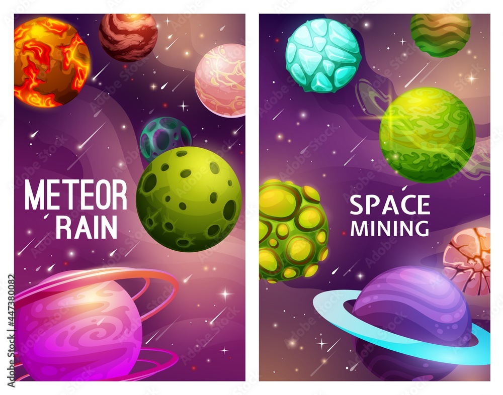 Meteor rain and space mining, galaxy planets vector posters with cartoon alien planets in Universe, falling comets and shining stars. Fantastic cosmic game ui interface, space exploration adventure