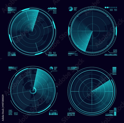 HUD military radar or sonar blue neon display. Army radar interface, satellite navigation technology vector screens or military weapon system, modern radar scanning territory, searching for targets photo