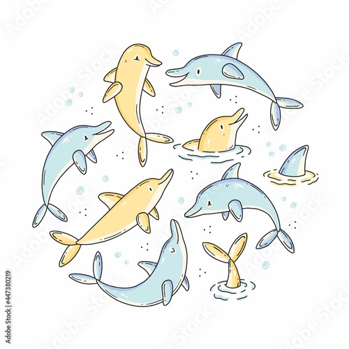 Set of doodle with cute characters dolphins in the shape of a circle. Vector illustration in pastel colors.