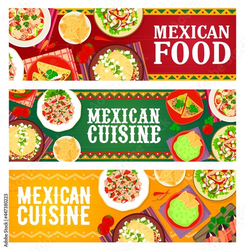 Mexican cuisine meals, restaurant dishes banners. Meat pepper, vegetable and chorizo taco salad, seafood and salmon ceviche, beef tortillas and guacamole nachos, tapas with bacon wrapped dates vector