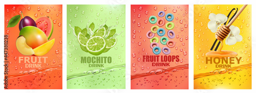 Set of labels with fruit and berry  drink. Fresh fruits juice splashing together- cherry, vanilla, raspberry, blackberry, apricot juice drink splashing. 3d fresh fruits. Vector illustration