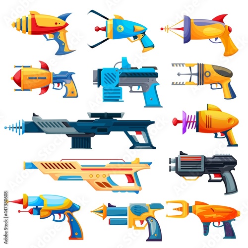 Blaster guns, cartoon vector handguns and rayguns weapon. Toys for kids game, alien space arms or child pistols and laser weapon isolated on white background, military arms ui design elements set