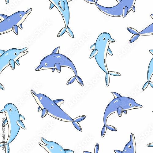 Seamless pattern with cute dolphins in cartoon doodle style. Vector illustration background.