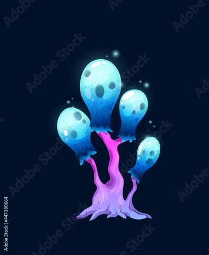 Fantasy magic sparkling blue mushroom, vector fungi of unusual shape with pink stipe and glow bulb shaped caps. Natural element for fairy tale or computer game interface, cartoon strange alien plant