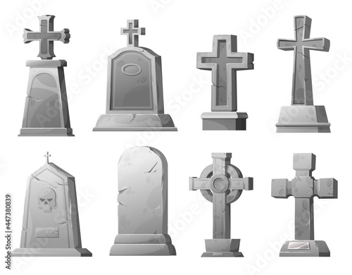 Photographie Cartoon stone grave crosses and gravestones, vector cemetery cracked graveyard tombstones