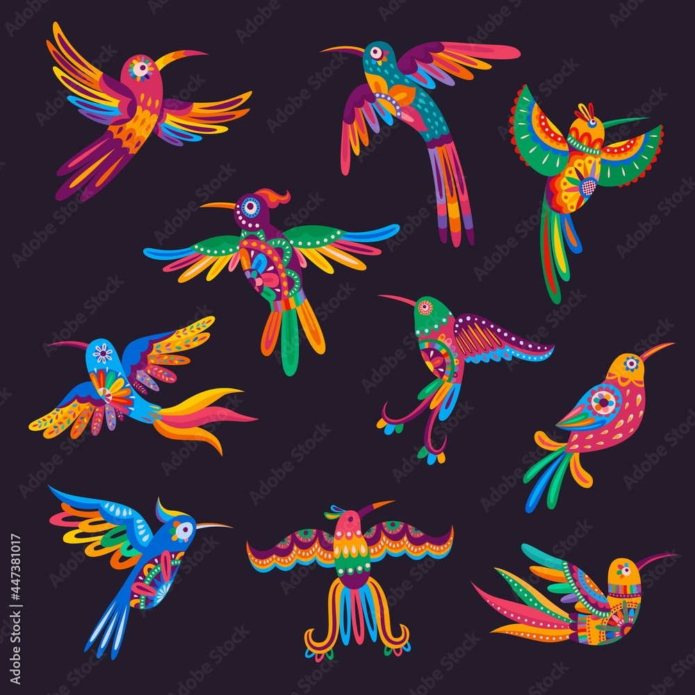 Mexican colorful hummingbirds and parrots. Vector alebrije birds with Mexico folk pattern and bright floral ornament on feathers of tail and wings, cartoon exotic tropical birds for Mexican design