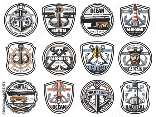 Nautical marine vector icons with anchor, steering wheel and lighthouse, captain, rope and cannon with swords and squid. Isolated emblems for seafarer sail, yacht club or sailing academy, labels set