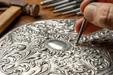 CLOSEUP OF CRAFTSMAN'S HAND EMBOSSING SILVER OR METAL WITH PUNCH IN THE WORKSHOP. GOLDSMITH, SILVERSMITH, JEWELLERY AND HANDICRAFTS CONCEPT.