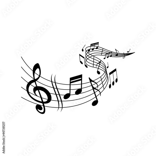 Music melody wave on notes staff with clef treble, vector. Classic music concert, orchestra, symphonic or philharmonic musical notes wave on scale stave or music staff background