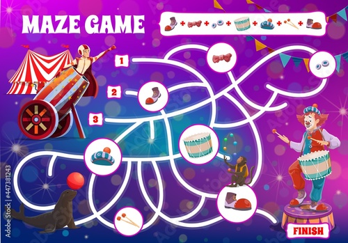 Kids maze game, make circus clown cartoon boardgame with shapito performers, vector. Kids tabletop labyrinth or maze puzzle game template with clown, funfair carnival tent and trained animals
