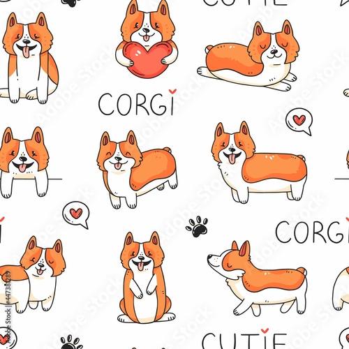 Seamless pattern with cute corgi dogs and lettering in cartoon doodle style. Vector illustration background.