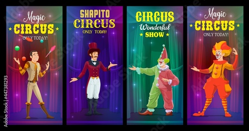 Shapito circus clowns, juggler and magician vector banners. Cartoon artists perform magic show on big top arena. Carnival performers, funsters in bright costumes on scene with backstage curtains