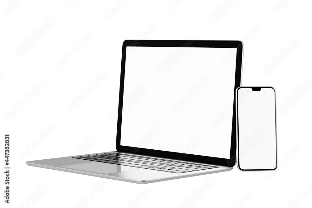 3D illustration rendering object. Laptop computer silver and black color with smartphone mobile blank screen isolated white background. Clipping path image. 3D illustration rendering object. Laptop computer silver and black color with smartphone mobile blank screen isolated white background. Clipping path image.