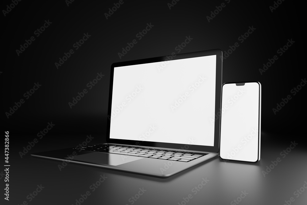 3D illustration rendering object. Laptop computer silver and black color with smartphone mobile blank screen in dark theme 3D illustration rendering object. Laptop computer silver and black color with smartphone mobile blank screen in dark theme