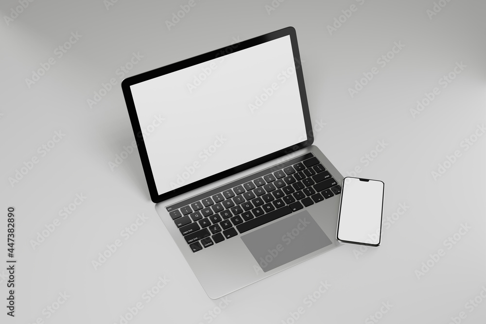 3D illustration rendering object. Laptop computer silver and black color with smartphone mobile blank screen. 3D illustration rendering object. Laptop computer silver and black color with smartphone mobile blank screen.