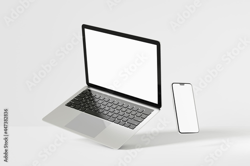 3D illustration rendering object. Laptop computer silver and black color with smartphone mobile blank screen.