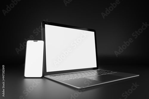 3D illustration rendering object. Laptop computer silver and black color with smartphone mobile blank screen in dark theme