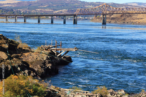A fish trap set by native Americans on the beautiful Columbia River, the boundary line between Washington and Oregon 