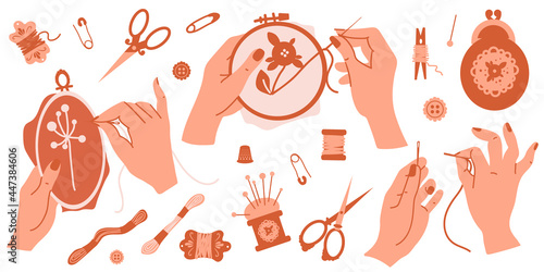 Set of tools for hobby, embroidery needlework, beautiful female hands sew, hold a hoop, thread a needle, handmade wallet, spools, floss, scissors, set for creativity and leisure, flat vector graphics
