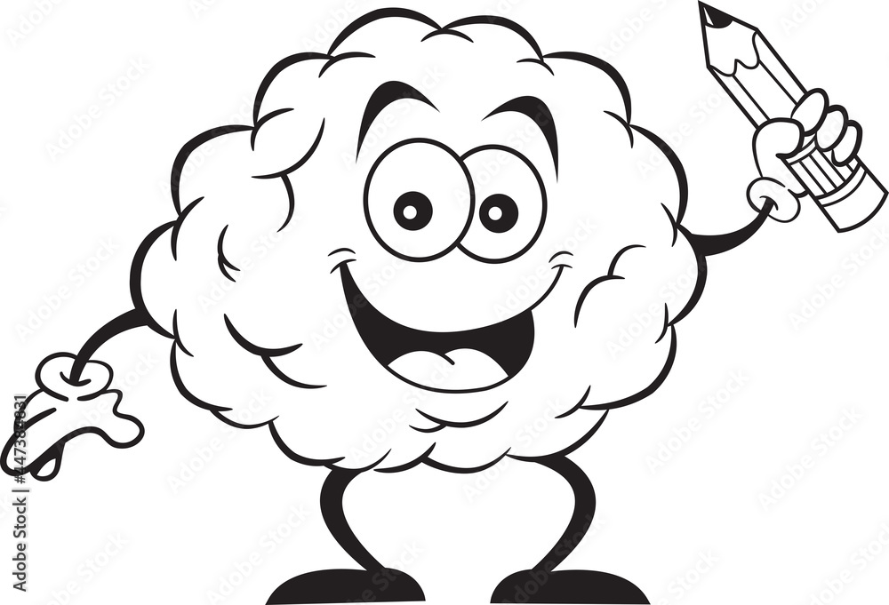 Black and white illustration of a brain smiling while holding a pencil. Black and white illustration of a brain smiling while holding a pencil.
