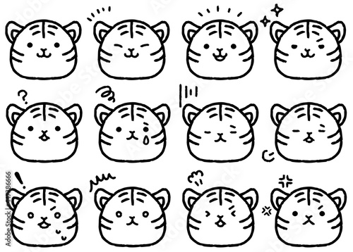 シンプルで可愛いモノクロの虎のアイコンセット
