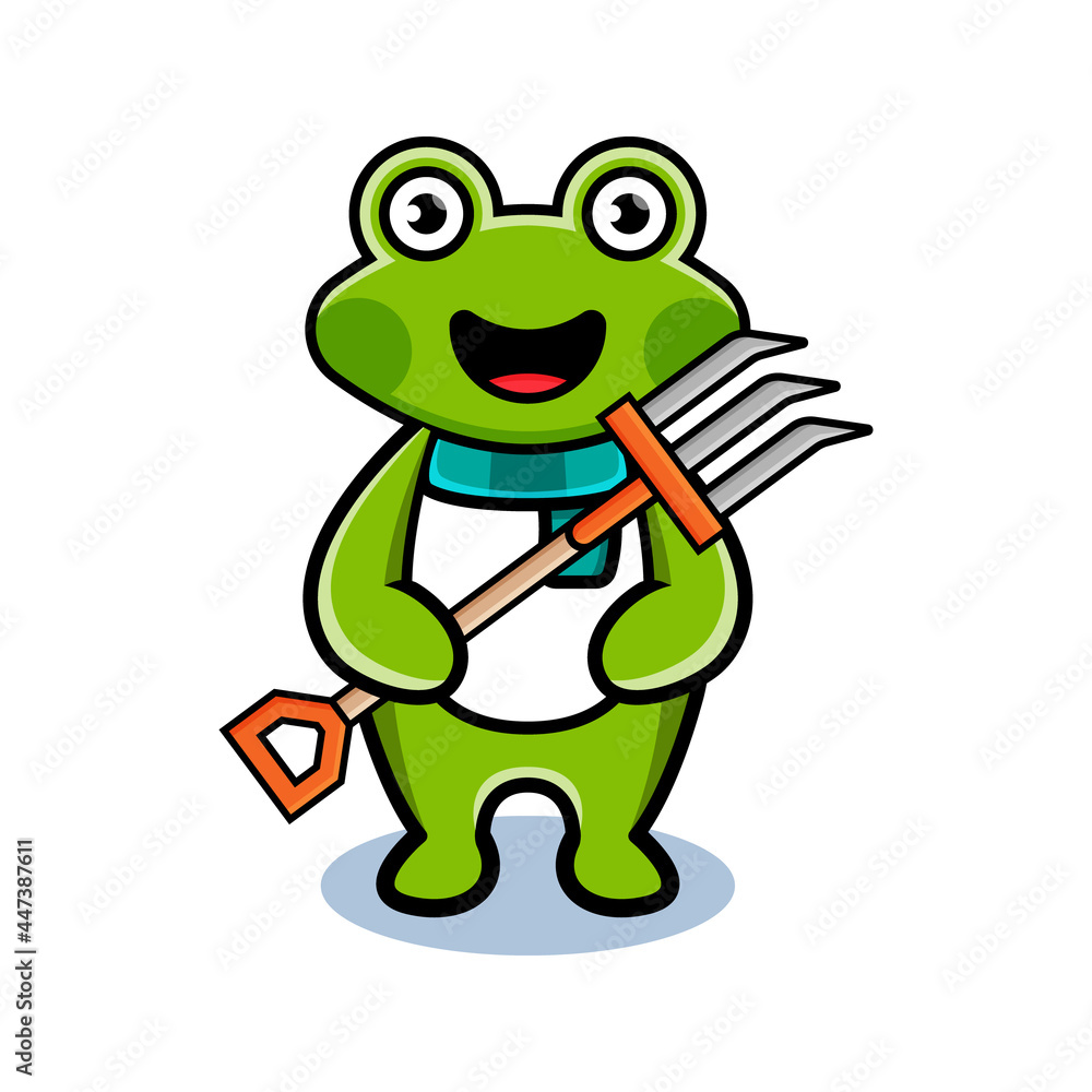 cartoon animal cute frog holding a farmer's fork
